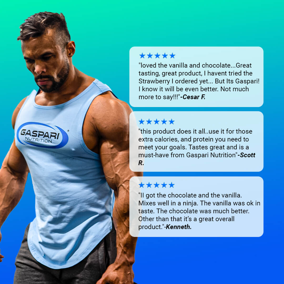 Customer reviews for Real Mass praising the vanilla and chocolate flavors and muscle-building results alongside a bodybuilder