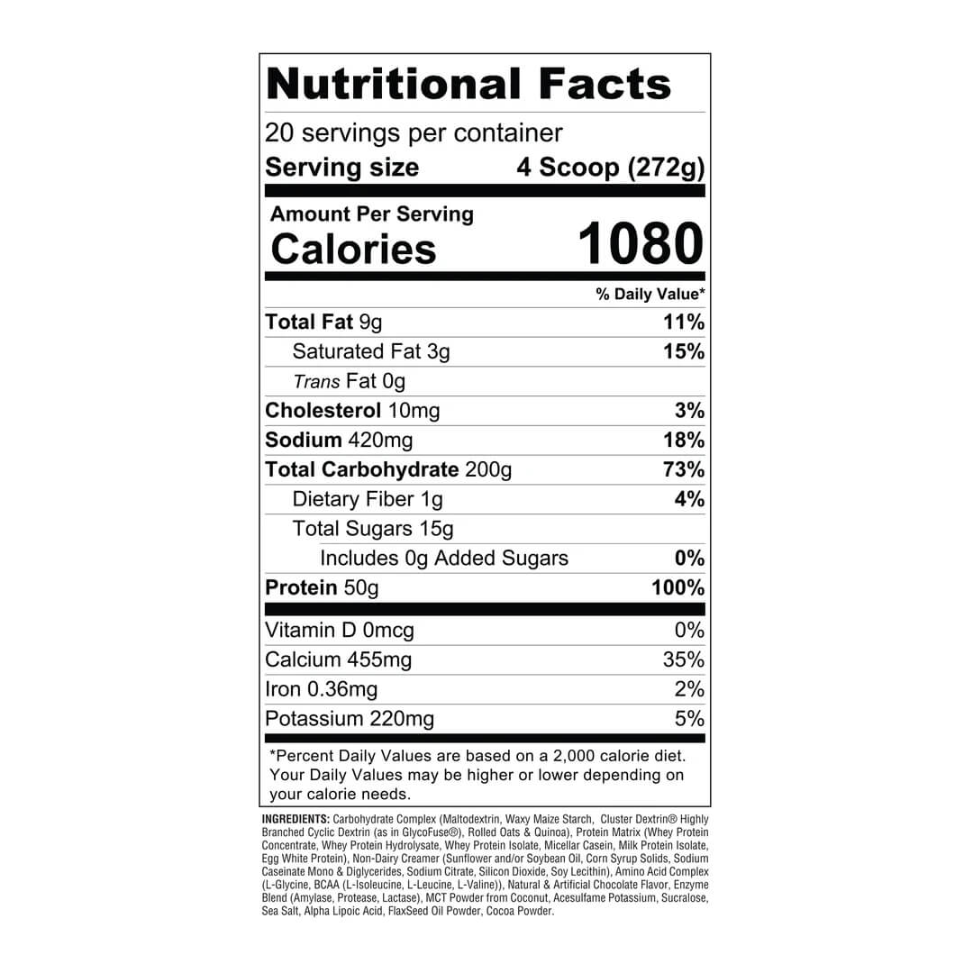 Real Mass nutrition facts label listing 1080 calories, 200g complex carbohydrates, and 50g protein per serving