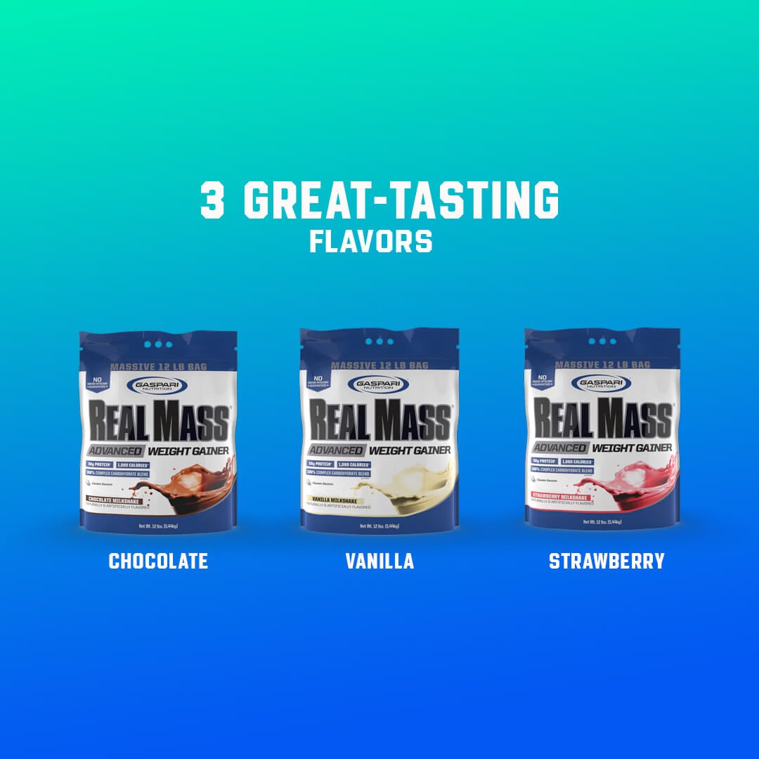 Real Mass weight gainer available in three flavors: Chocolate, Vanilla, and Strawberry