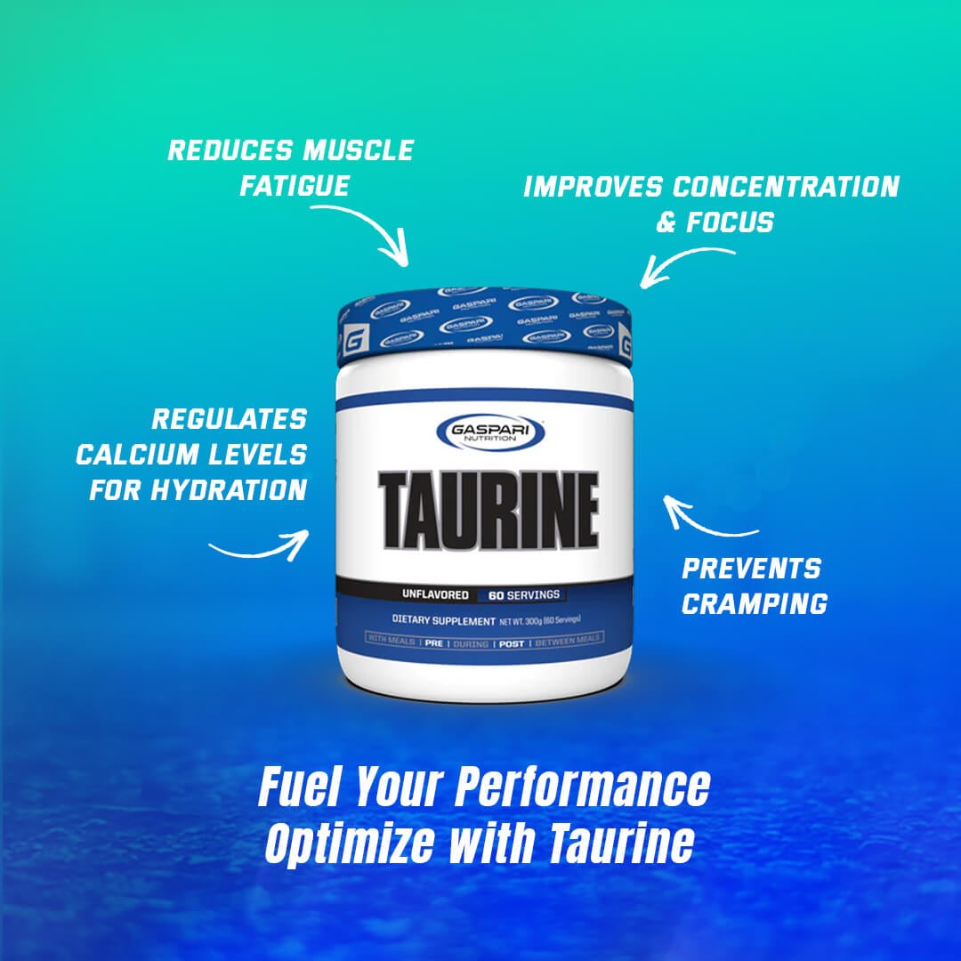 Gaspari Taurine bottle displaying benefits like reduced muscle fatigue, improved concentration, hydration regulation, and cramp prevention