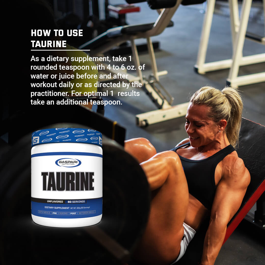 How to use Gaspari Taurine usage guide with dosage instructions suggesting 1 rounded teaspoon before and after workouts
