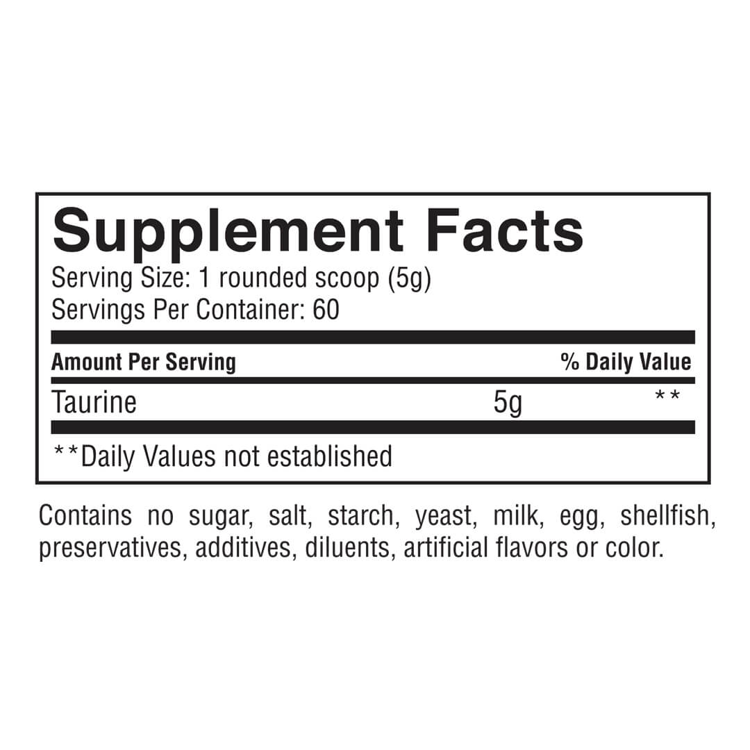 Gaspari Taurine supplement facts label showing 5g of Taurine per serving and allergen information