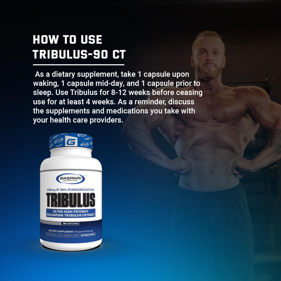 How to use Tribulus usage guide suggesting 1 capsule three times daily: upon waking, mid-day, and prior to sleep featuring a male bodybuilder