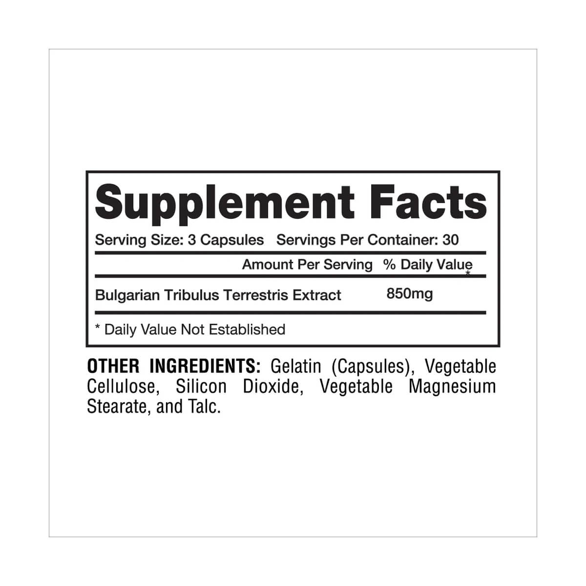 Tribulus supplement facts label listing 850mg of Bulgarian Tribulus Terrestris Extract per serving
