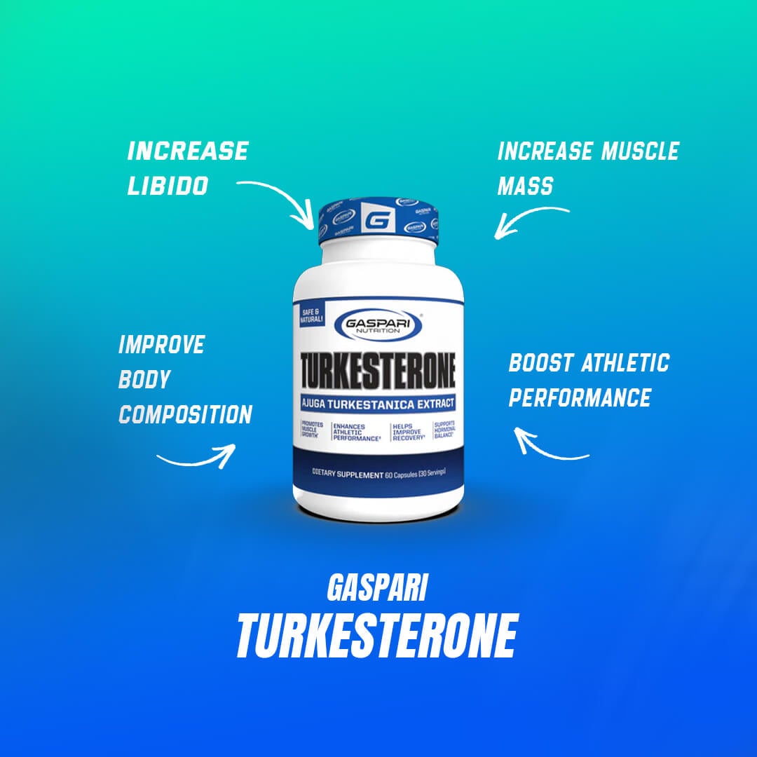 Gaspari Turkesterone bottle highlighting benefits such as increased libido, muscle mass, body composition, and athletic performance