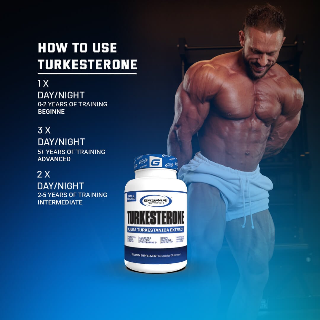 Chart showing how to use Turkesterone with dosage instructions for beginner, intermediate, and advanced training levels
