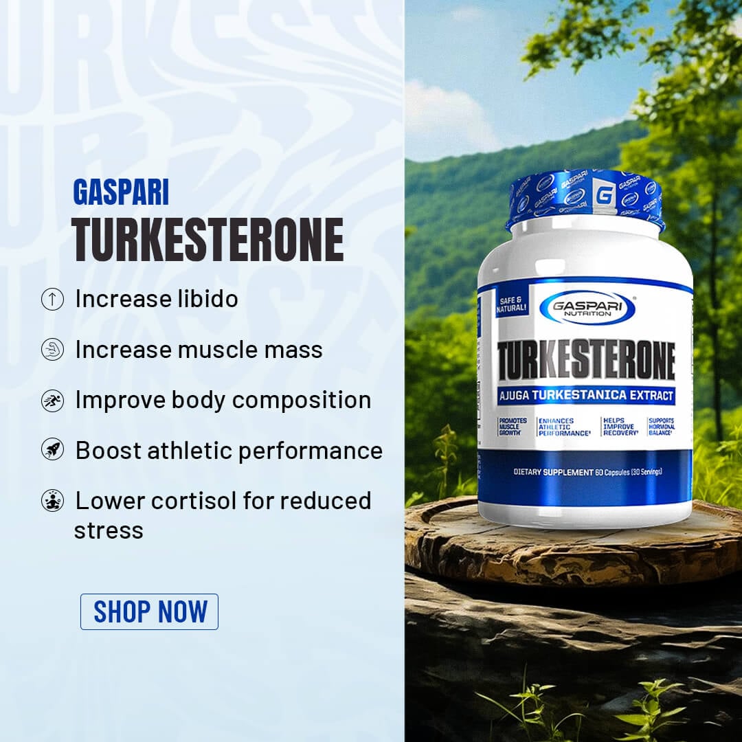 Gaspari Turkesterone product shot in a nature setting listing benefits like lowered cortisol and reduced stress