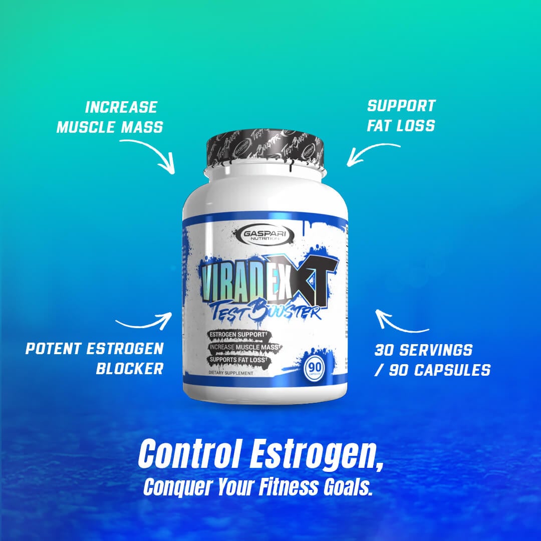 Gaspari Viradex XT bottle highlighting benefits like increasing muscle mass, supporting fat loss, and functioning as a potent estrogen blocker