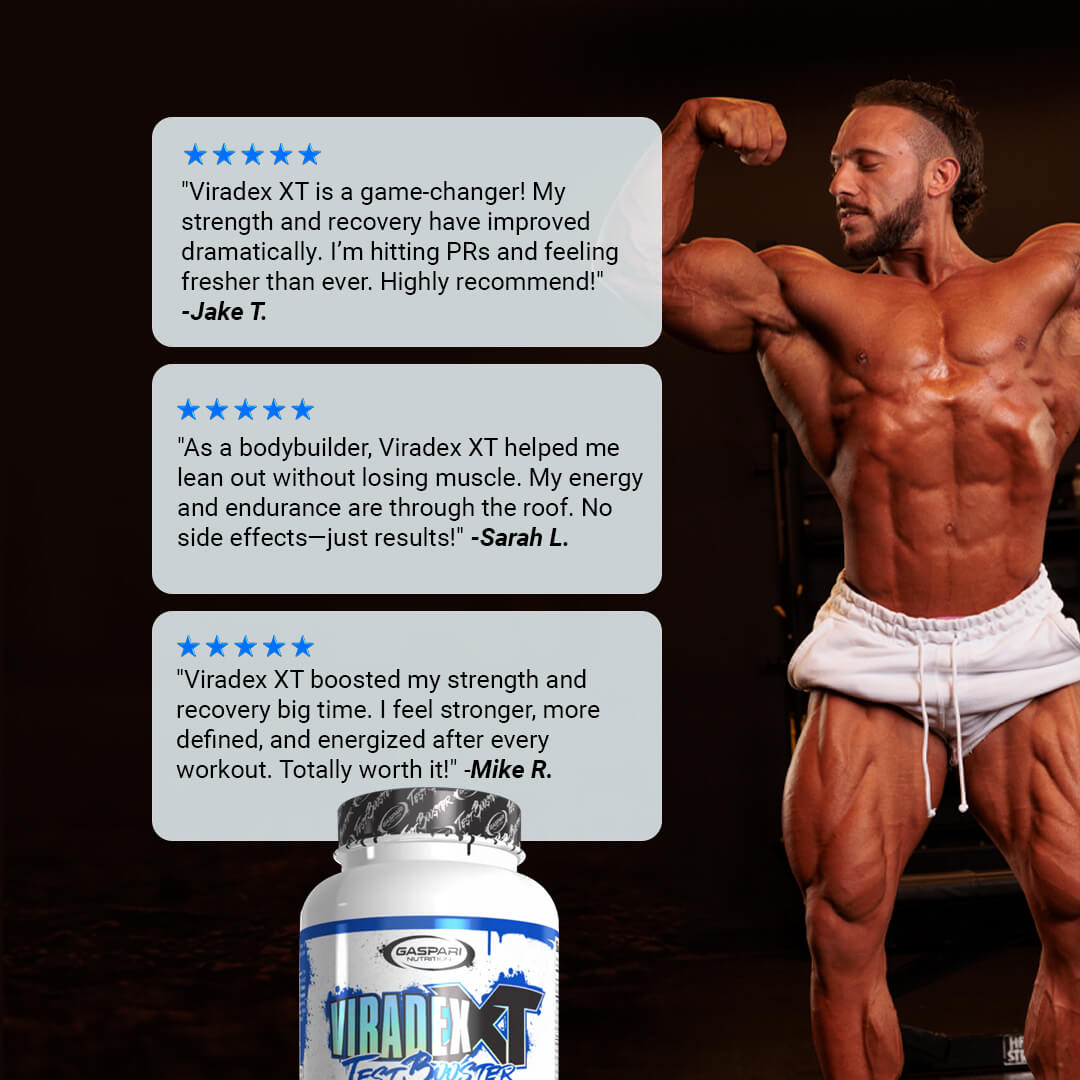 Customer reviews for Viradex XT praising strength gains, recovery, and lean muscle maintenance alongside a bodybuilder posing