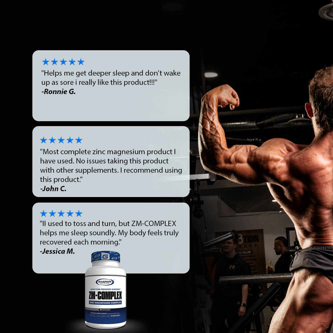 Customer reviews for ZM-Complex praising deep sleep and muscle recovery alongside a male bodybuilder posing