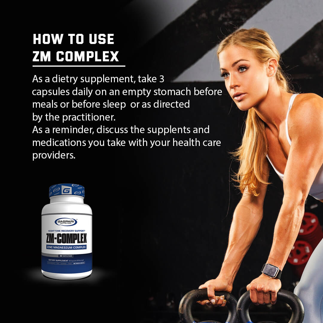 How to use ZM Complex usage guide suggesting 3 capsules daily on an empty stomach before sleep featuring a female athlete