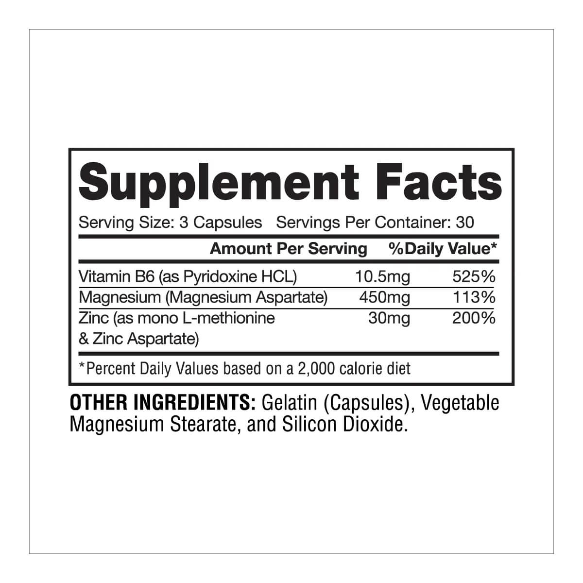 ZM-Complex supplement facts label listing Vitamin B6, Magnesium Aspartate, and Zinc Mono-L-Methionine