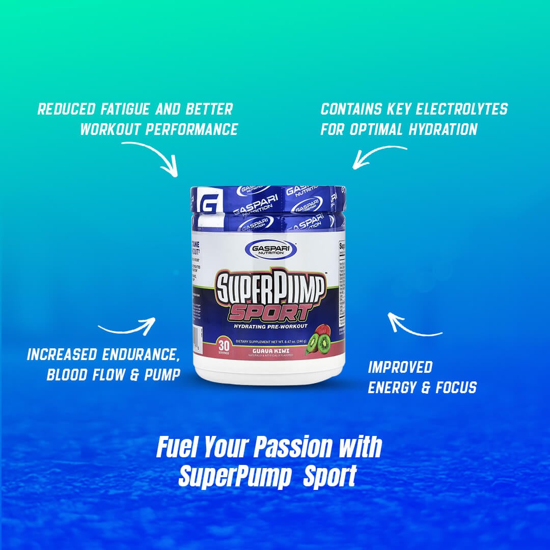 Gaspari SuperPump Sport tub highlighting benefits like reduced fatigue, improved hydration with electrolytes, increased endurance, and better focus