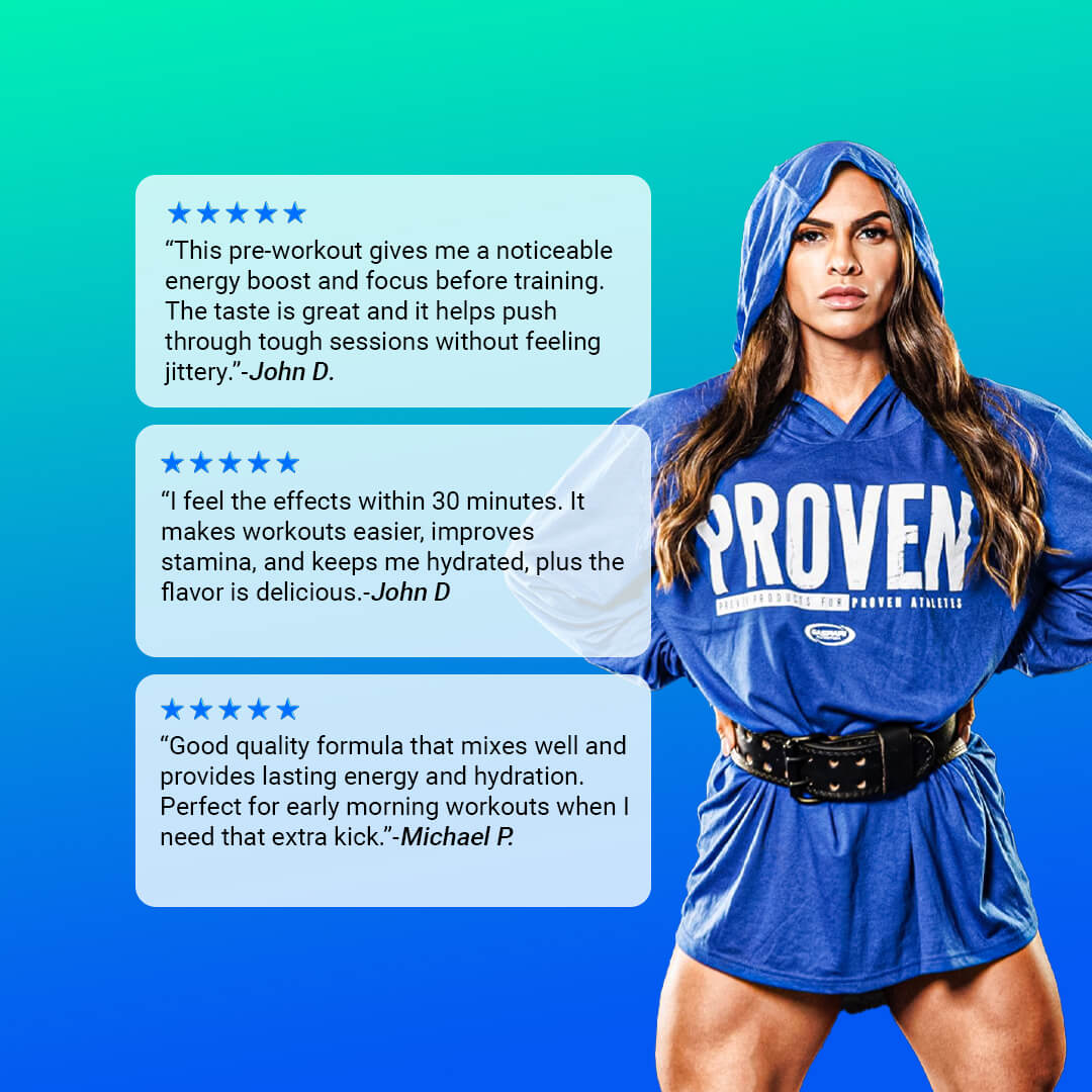 Customer reviews for SuperPump Sport praising the energy boost, focus, and delicious flavor alongside a female athlete