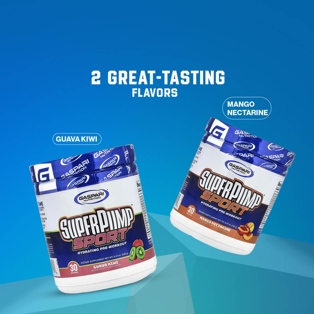SuperPump Sport pre-workout available in two flavors: Guava Kiwi and Mango Nectarine