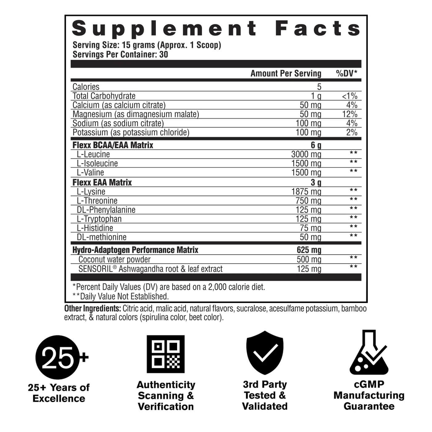 FLEXX EAAs + Hydration Supplement Facts label showing Flexx BCAA/EAA Matrix, Flexx EAA Matrix, and Hydro-Adaptogen Performance Matrix with Sensoril Ashwagandha