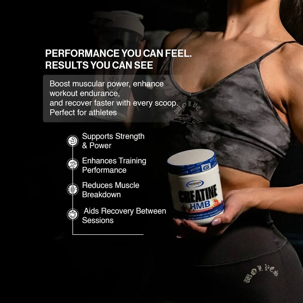 Female athlete holding Gaspari Creatine HMB bottle