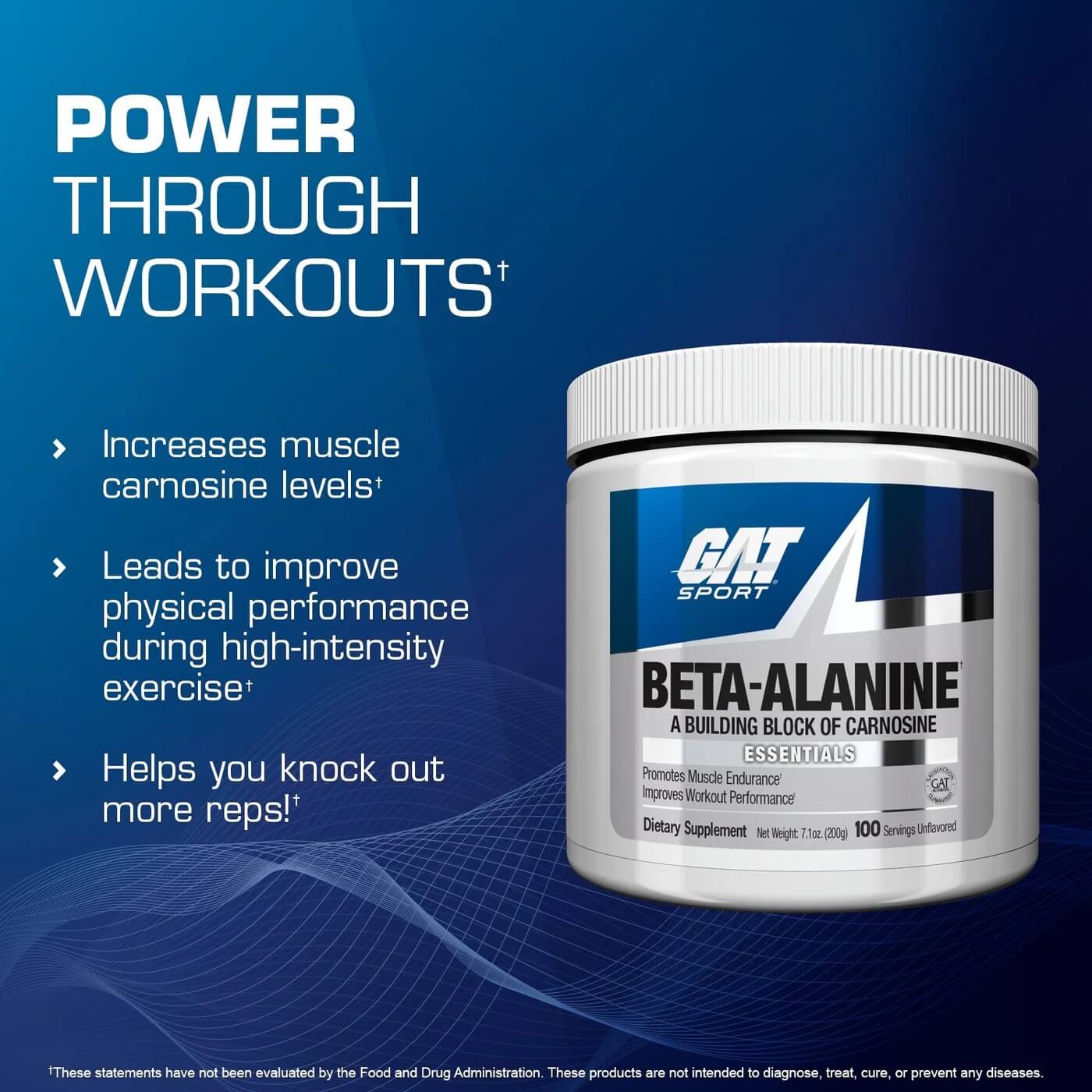 GAT Sport Beta-Alanine bottle highlighting Power Through Workouts and increased muscle carnosine levels