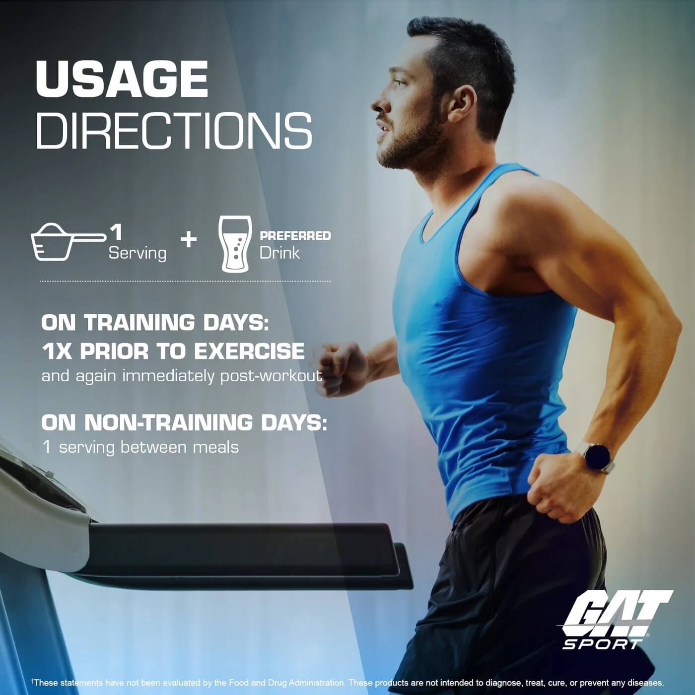 Usage directions showing 1 serving plus preferred drink taken prior to exercise and post-workout