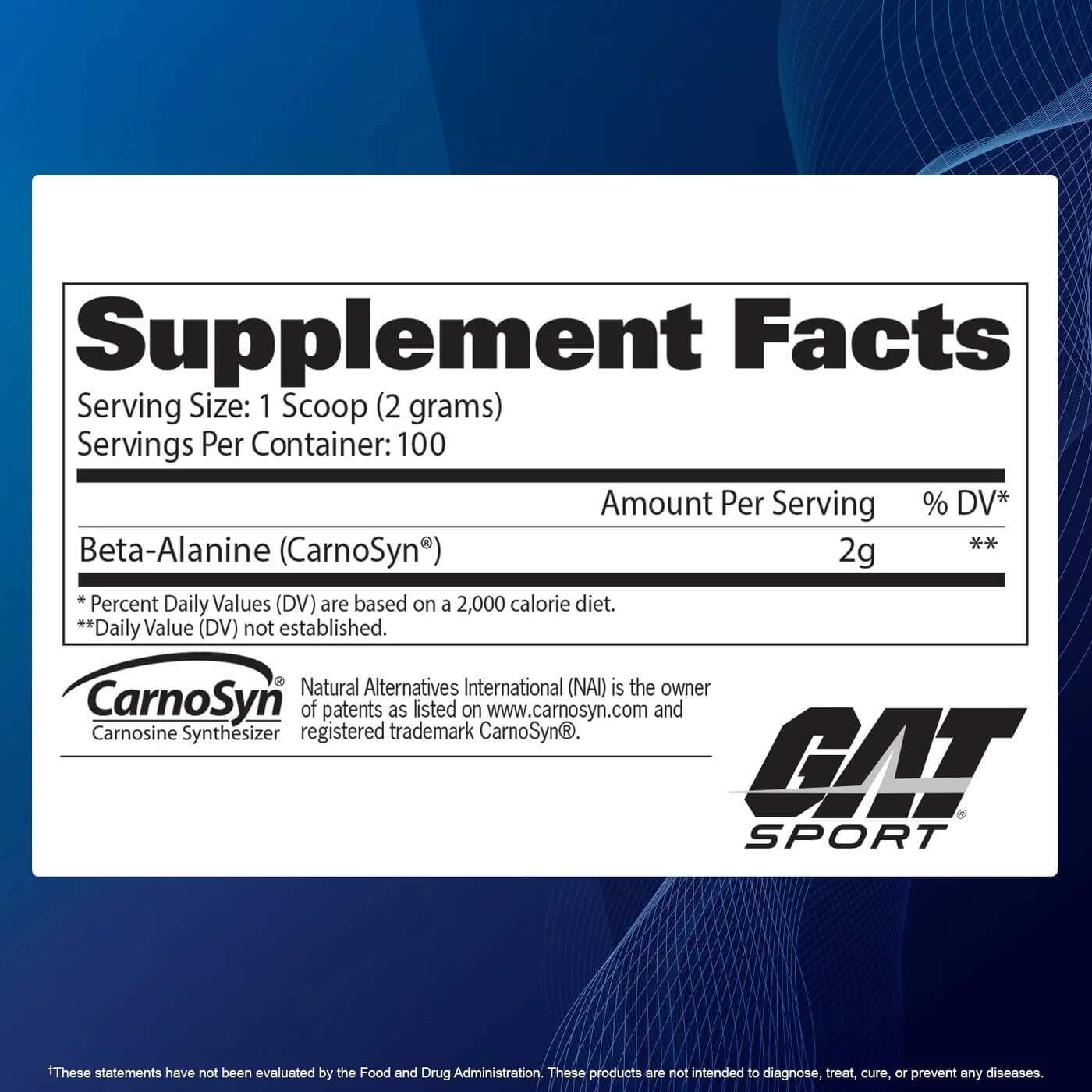 Beta-Alanine Supplement Facts label showing 2g of CarnoSyn Beta-Alanine per serving