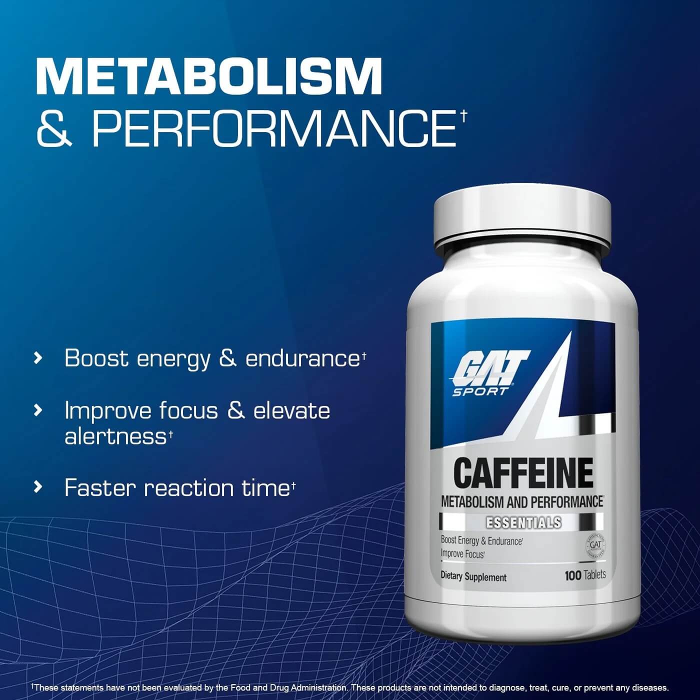 GAT Caffeine bottle highlighting Metabolism & Performance benefits including boosted energy, improved focus, and faster reaction time