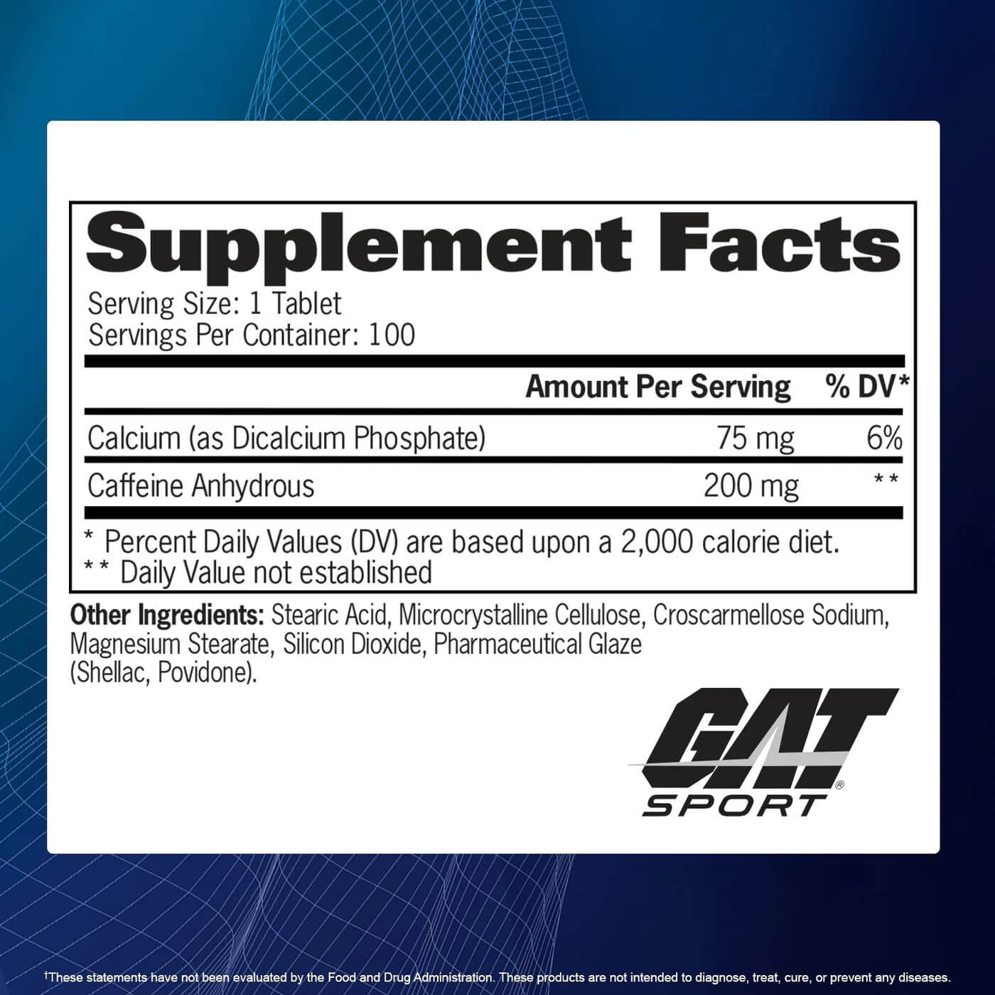 Caffeine Supplement Facts label showing 200mg Caffeine Anhydrous per tablet