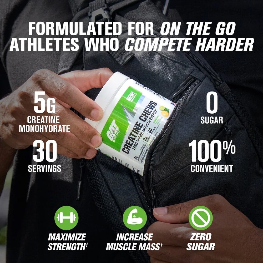 Hand placing GAT Creatine Chews into a backpack pocket highlighting 5g Creatine and 0 Sugar