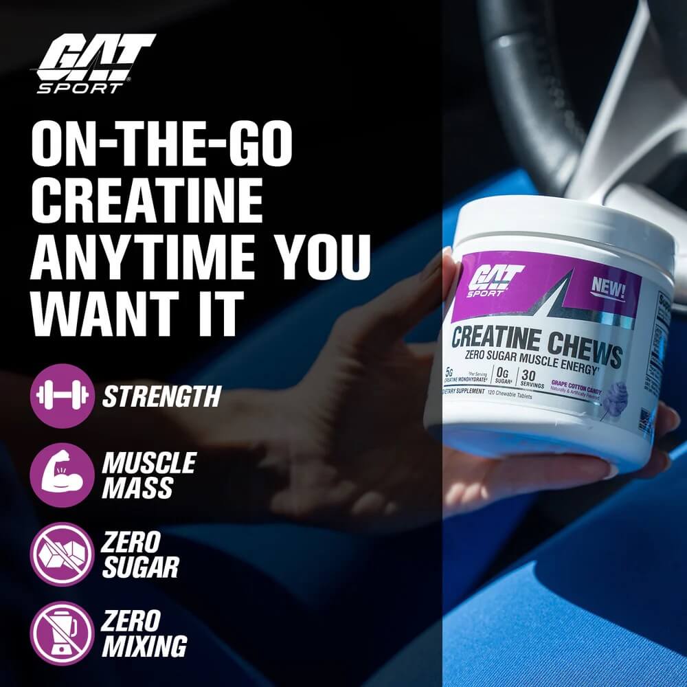 Hand holding Grape Cotton Candy flavor GAT Creatine Chews in a car