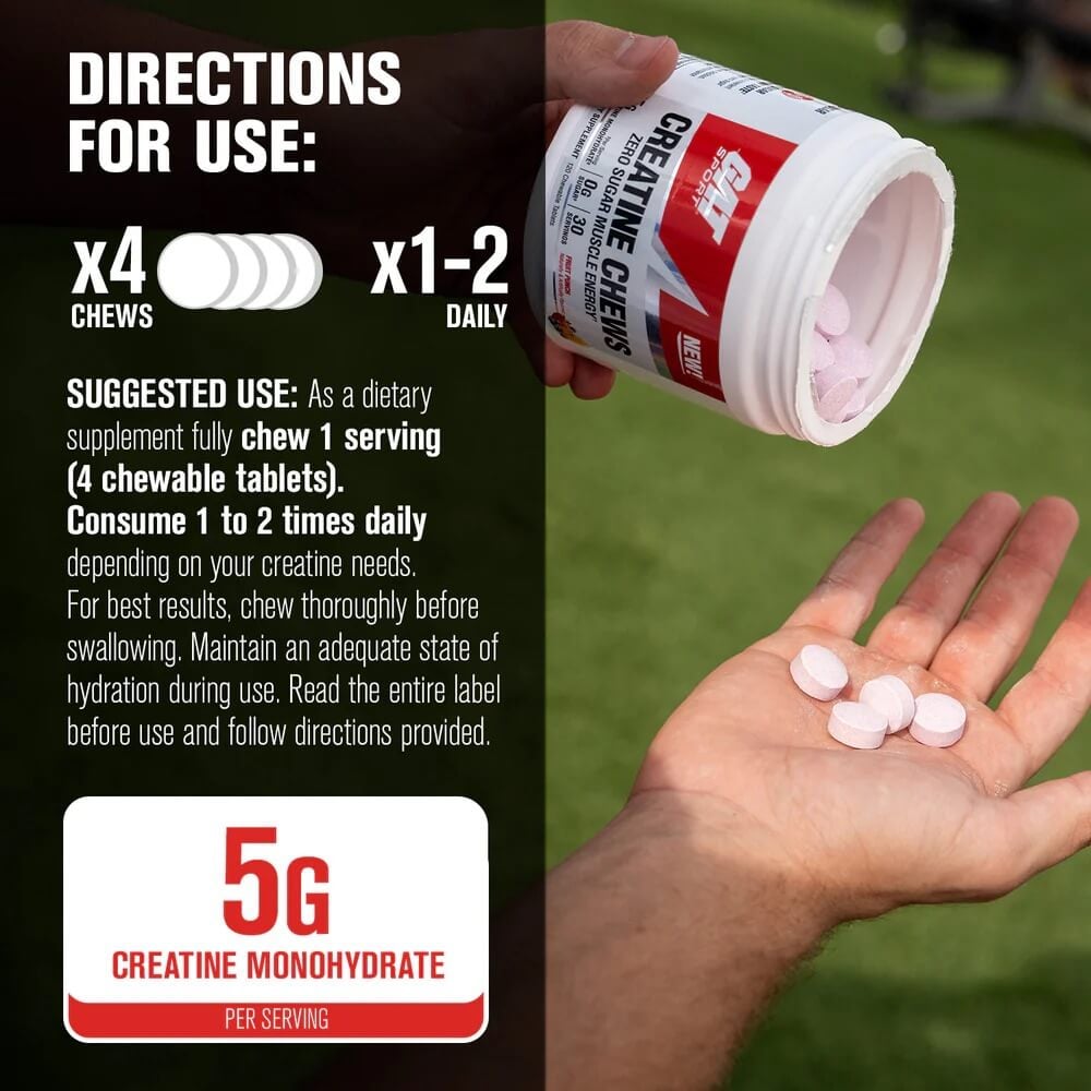 Hand holding 4 chewable tablets with directions for use text