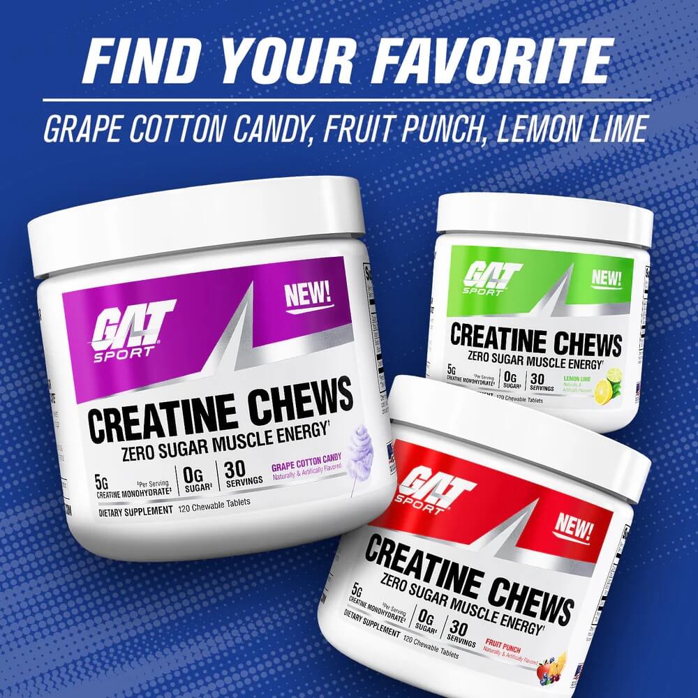 Grape Cotton Candy, Lemon Lime, and Fruit Punch flavor tubs of GAT Creatine Chews