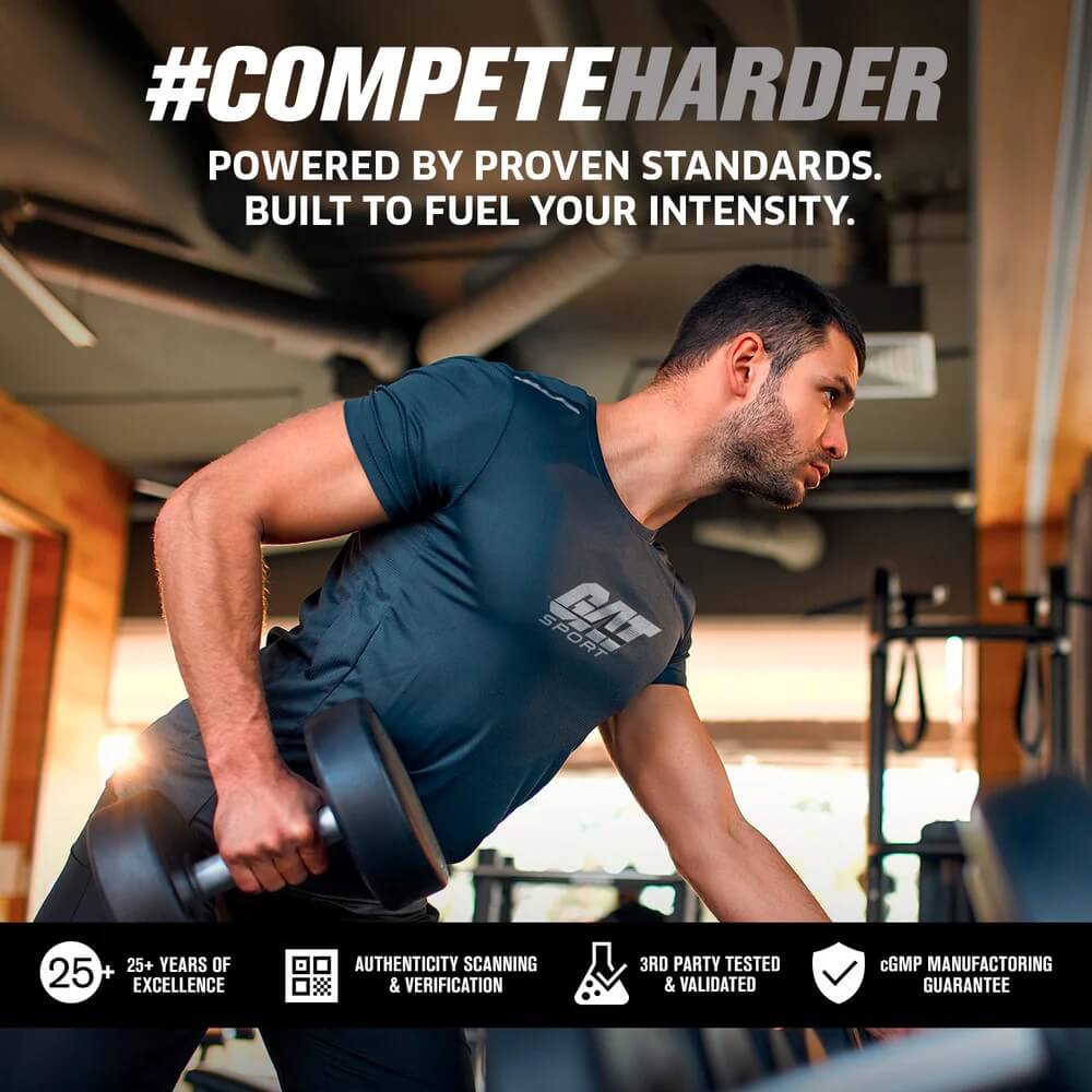 Athlete performing dumbbell rows with #COMPETEHARDER text overlay