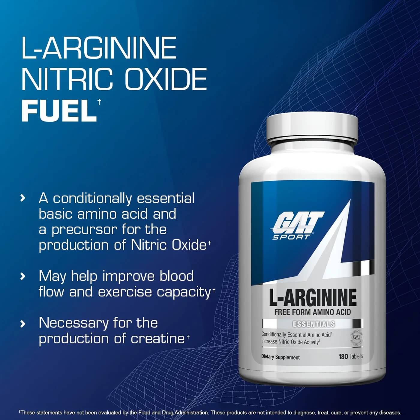 GAT Sport L-Arginine bottle highlighting Nitric Oxide Fuel and exercise capacity benefits