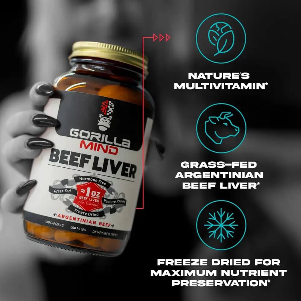 Gorilla Mind Beef Liver bottle highlighting nature's multivitamin, grass-fed Argentinian beef liver, and freeze dried preservation.