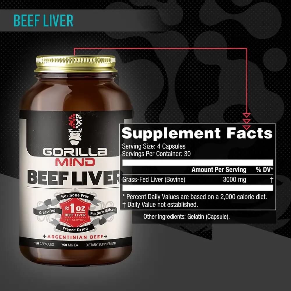 Supplement facts panel for Gorilla Mind Beef Liver.