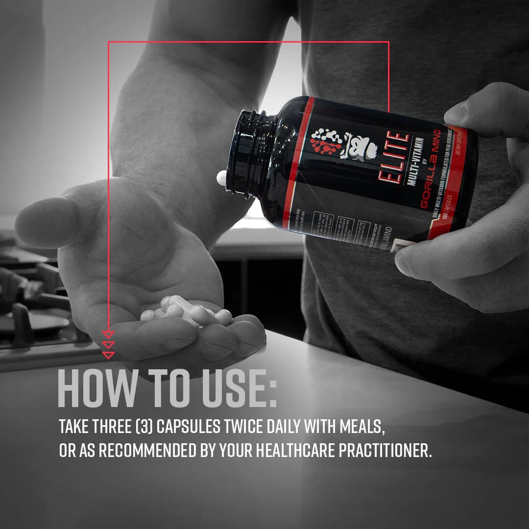 How to use instructions for Gorilla Mind Elite Multivitamin, advising to take three capsules twice daily.