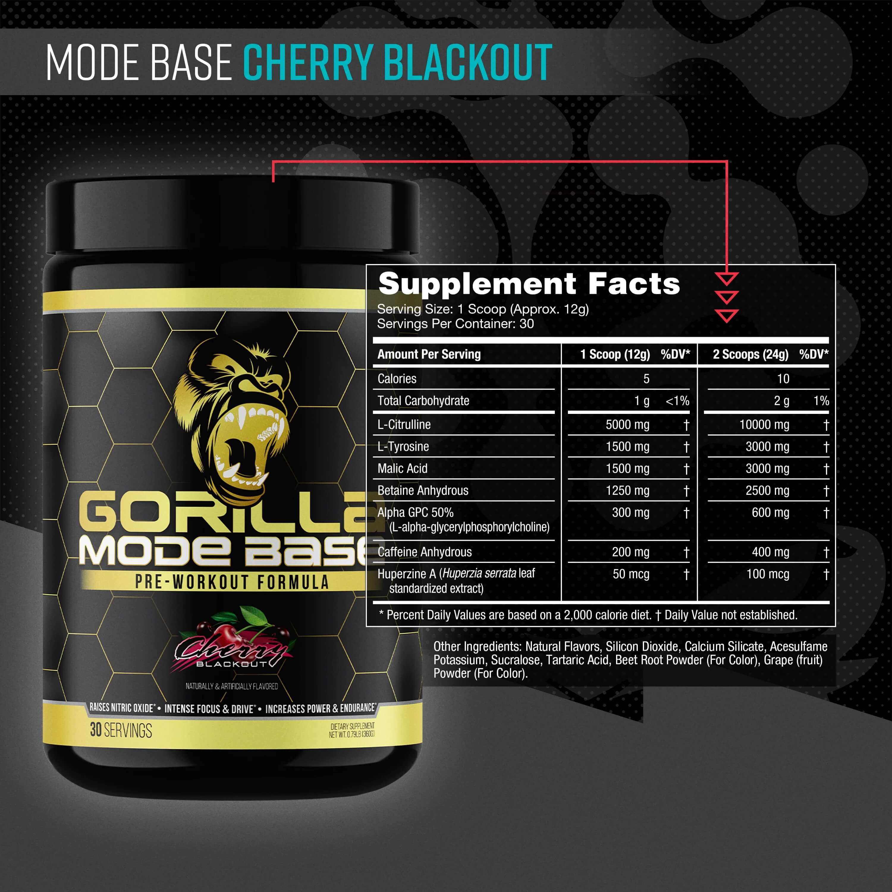 Supplement facts panel for Gorilla Mode Base in Cherry Blackout flavor.