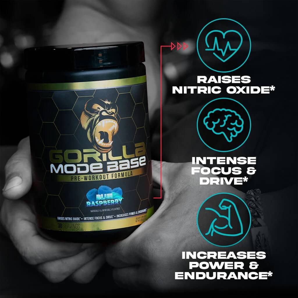 Gorilla Mode Base bottle with key benefits including raising nitric oxide and increasing power and endurance.