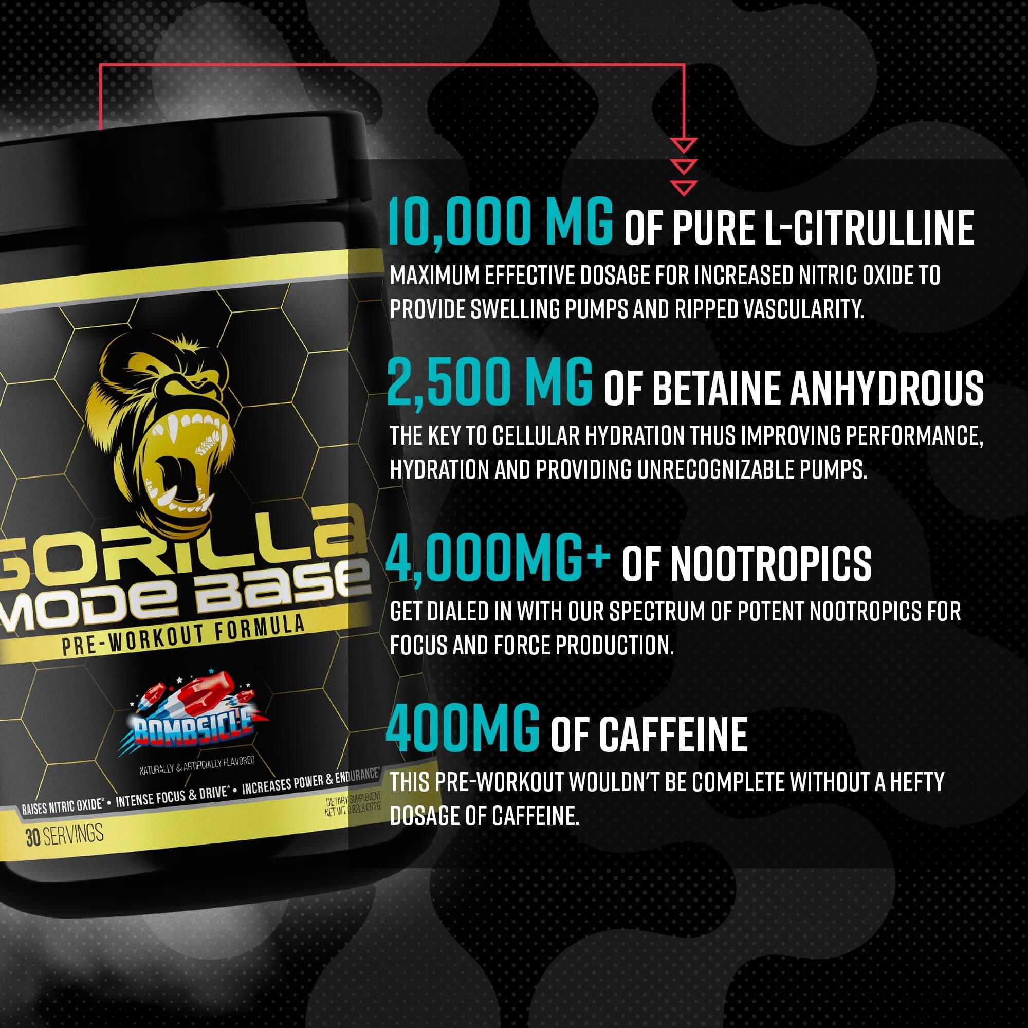 Key ingredients of Gorilla Mode Base: 10,000mg L-Citrulline, 2,500mg Betaine Anhydrous, and 400mg Caffeine.