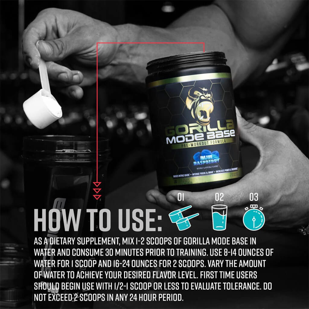 How to use instructions for Gorilla Mode Base pre-workout.