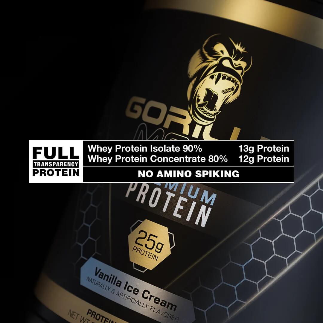 Full transparency protein - whey protein isolate 90% 13g protein, whey protein concentrate 80% 12g protein, no amino spiking