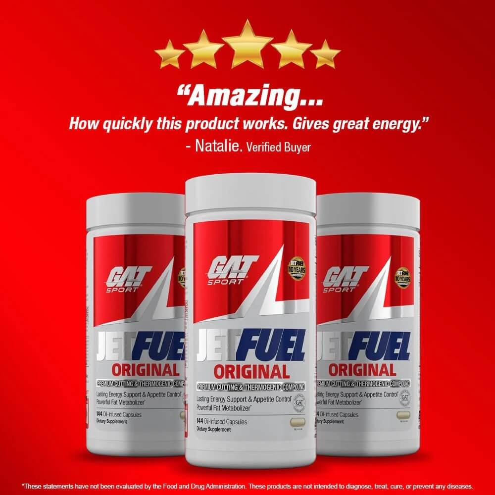 Three tubs of Jetfuel Original with a 5-star verified buyer review praising its quick, great energy
