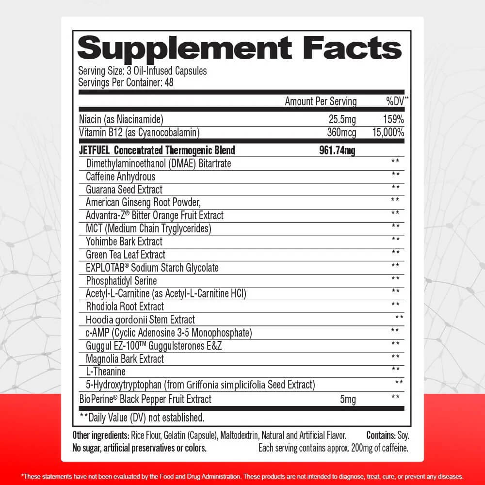Jetfuel Original Supplement Facts label showing Jetfuel Concentrated Thermogenic Blend