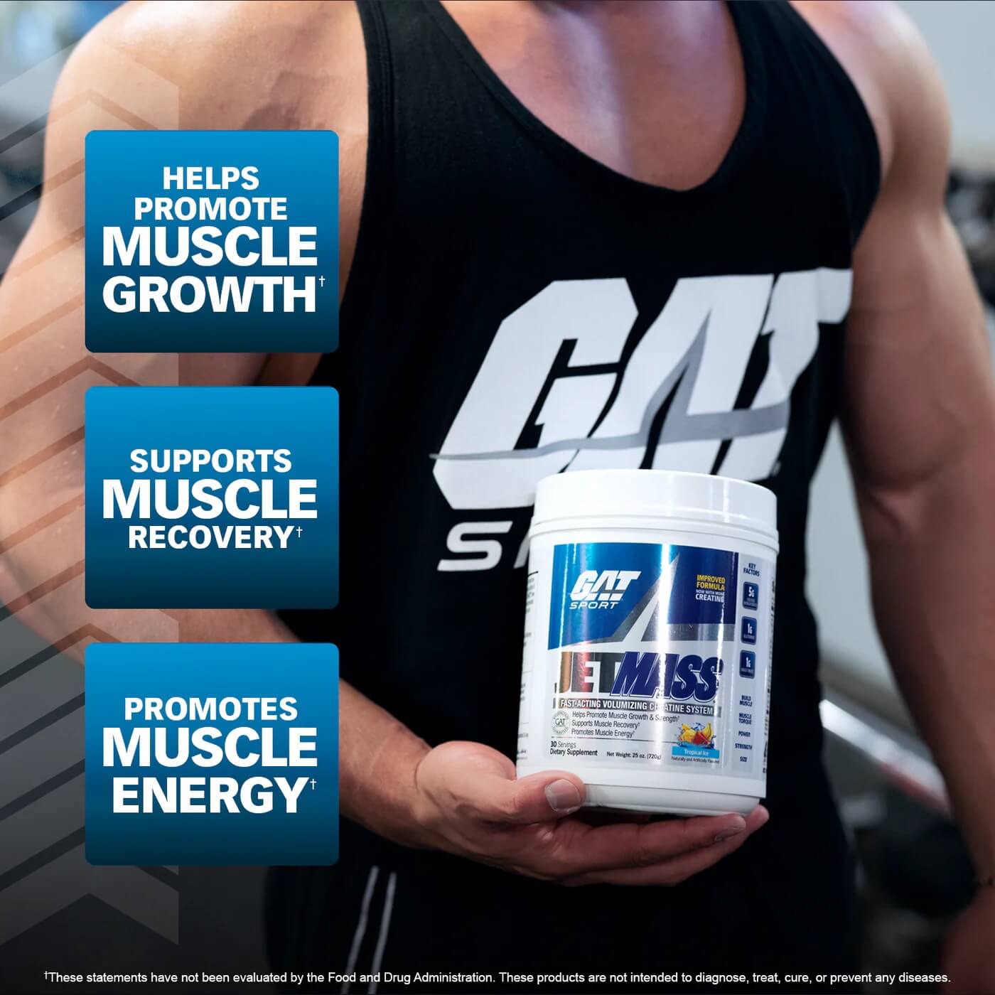 Male athlete holding JETMASS tub highlighting benefits: Helps promote muscle growth, supports muscle recovery, and promotes muscle energy