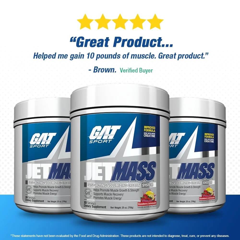 Three tubs of JETMASS with a 5-star verified buyer review stating it helped them gain 10 pounds of muscle