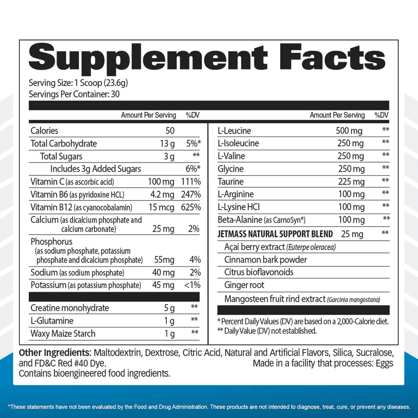 JETMASS Supplement Facts label showing 5g Creatine monohydrate and other key ingredients