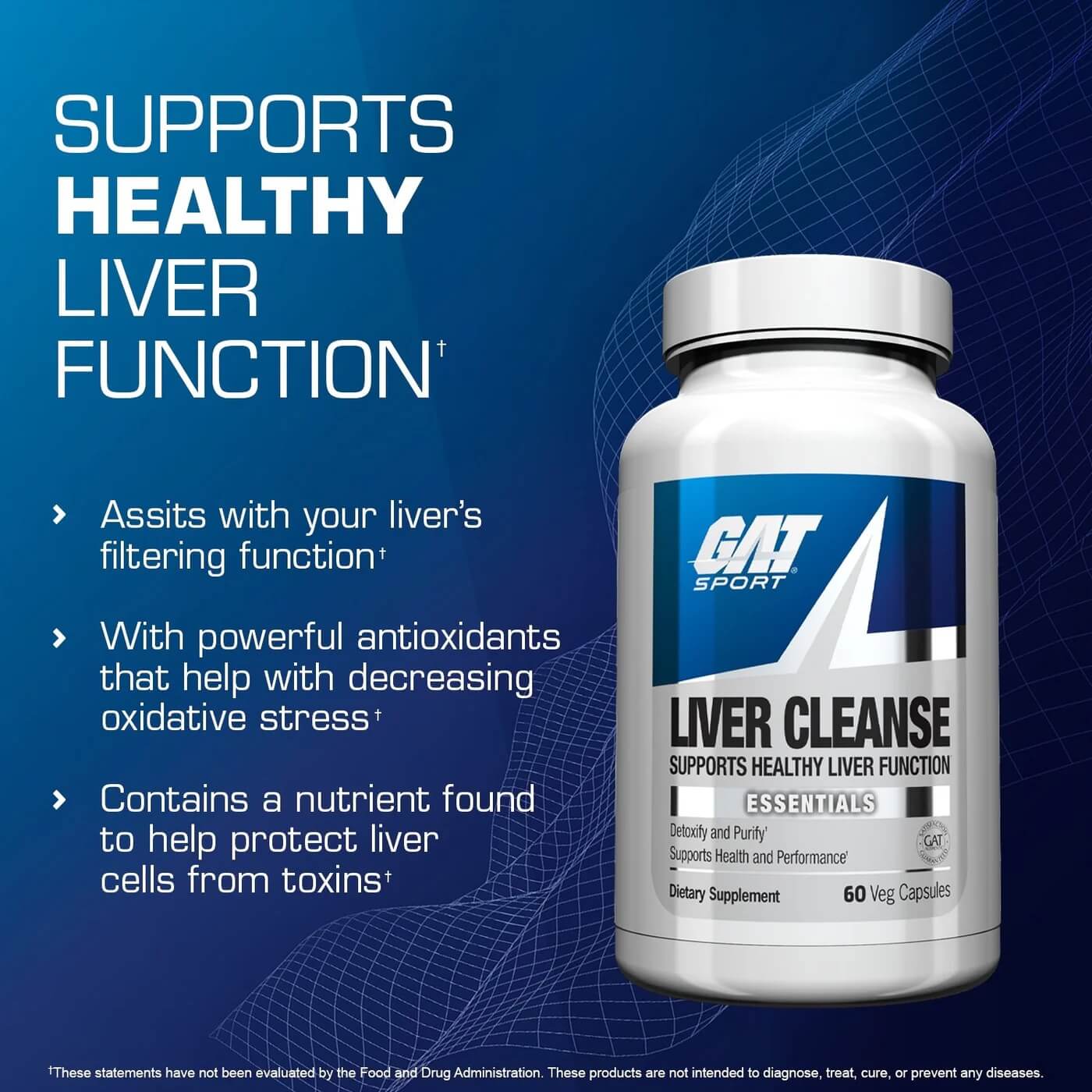 GAT Sport Liver Cleanse bottle highlighting Supports Healthy Liver Function and antioxidant benefits