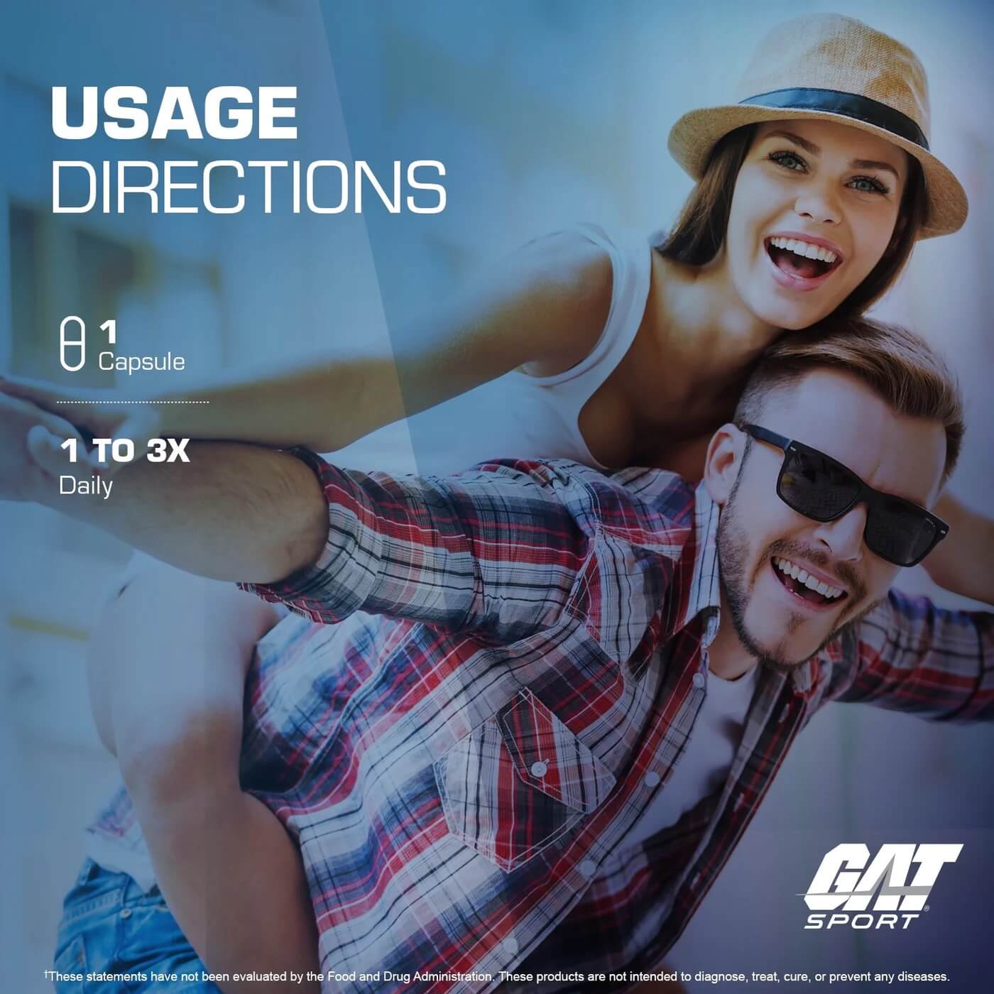 Usage directions showing 1 capsule taken 1 to 3 times daily with a smiling couple piggybacking