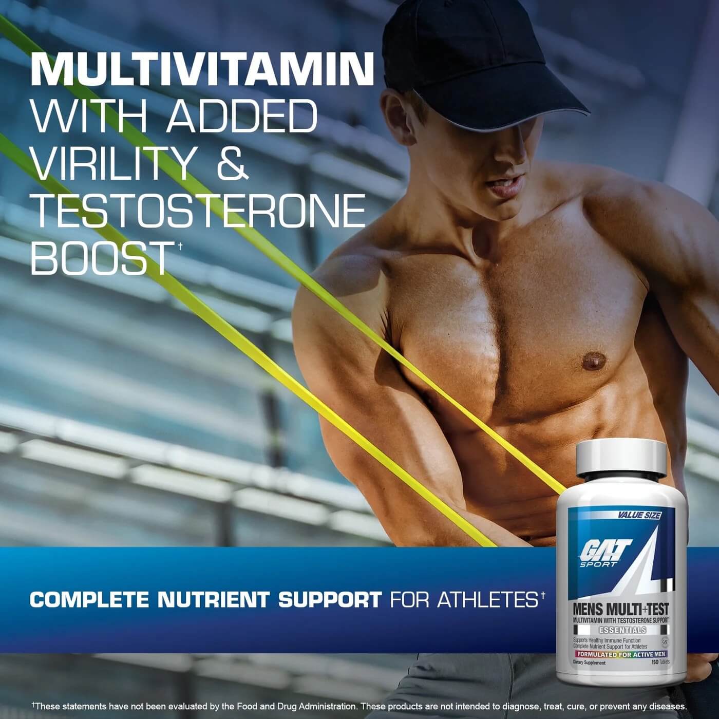 Male athlete exercising with resistance bands - Multivitamin with added virility & testosterone boost