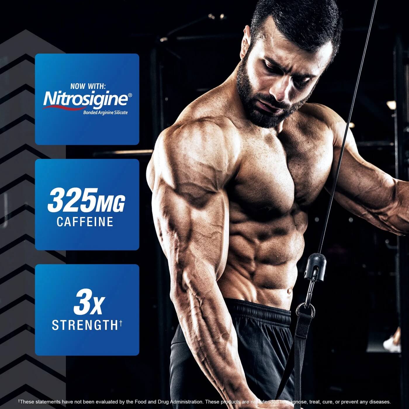 Male athlete performing cable pulldowns highlighting Nitrosigine, 325mg Caffeine, and 3x Strength