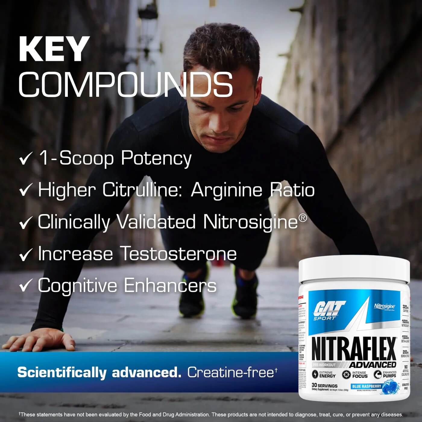 Nitraflex Advanced key compounds including 1-scoop potency, higher citrulline to arginine ratio, and cognitive enhancers
